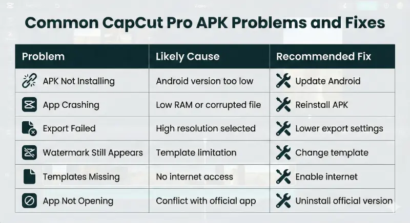 Common apk pro problems and fixes infographic