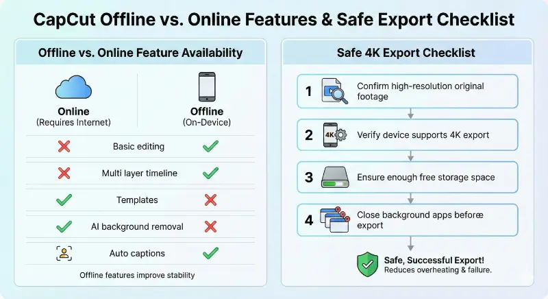 capcut offline vs online features infographic