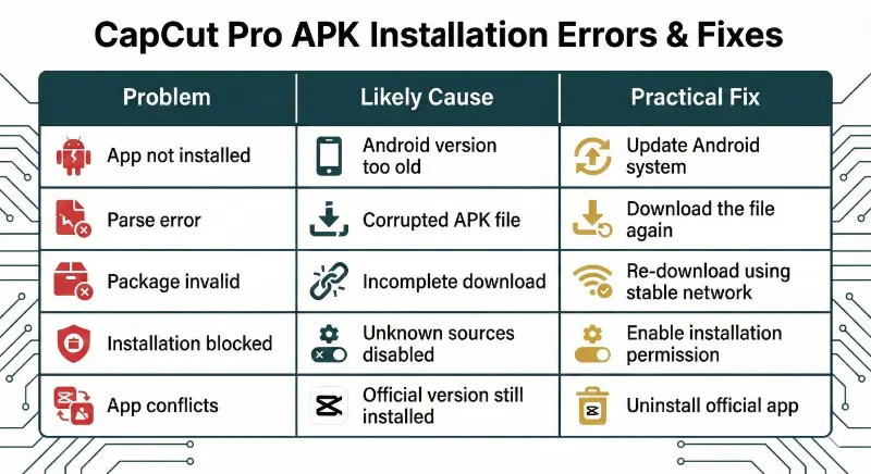 capcut pro apk installation errors and fixes infographic