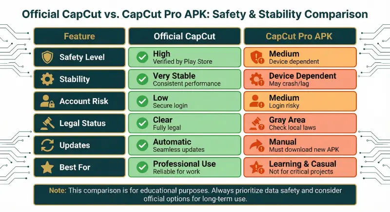 official capcut vs capcut pro apk safety infographic